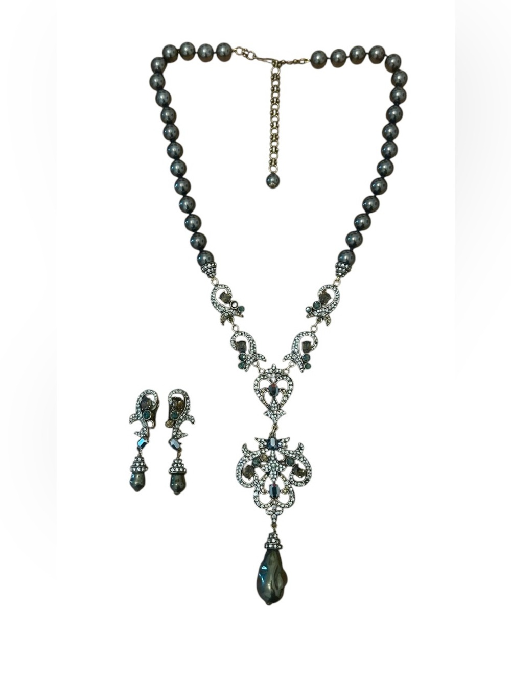 Vintage Heidi Daus brown faux pearl & Swarovski necklace & clip-on earrings